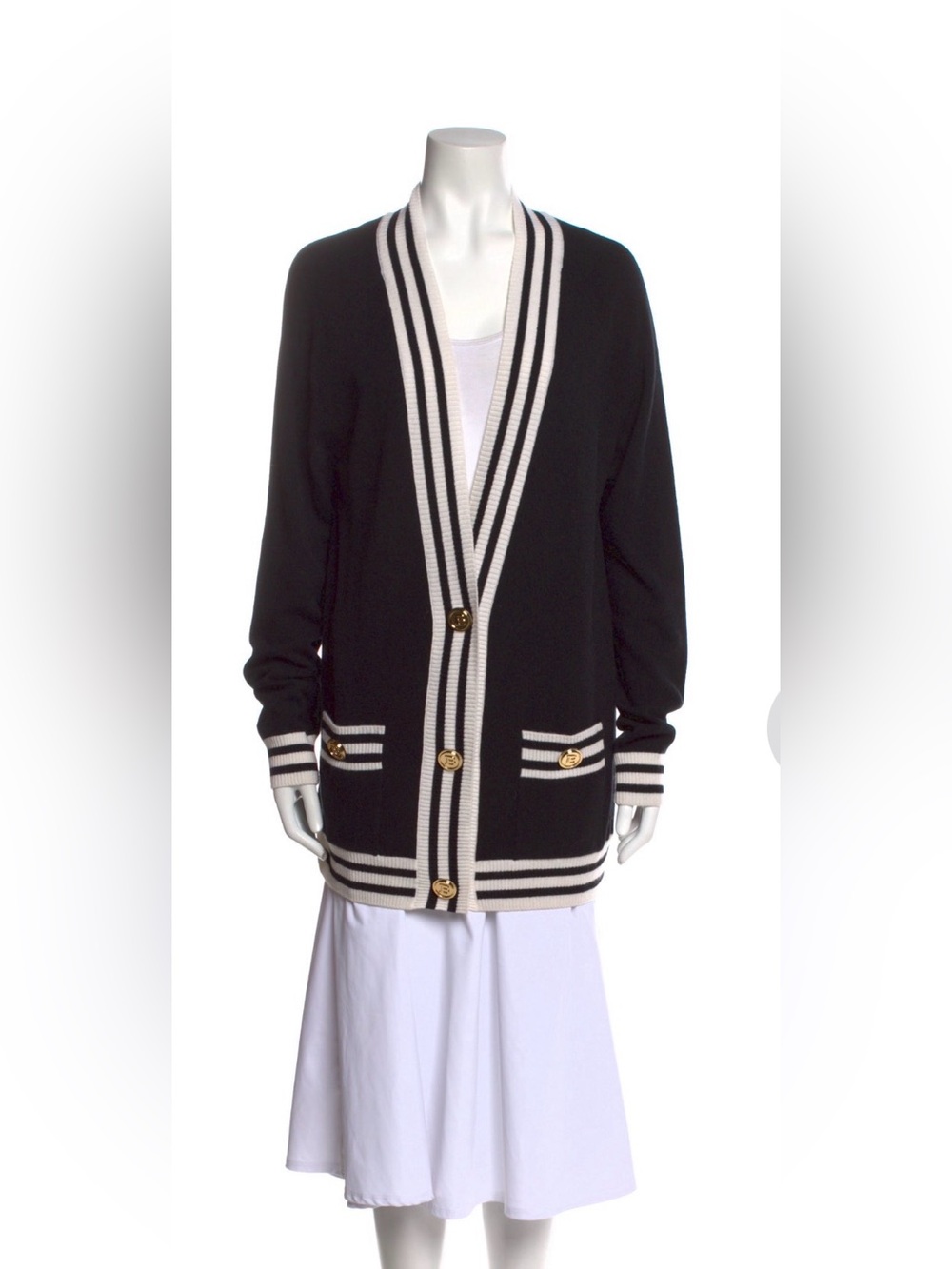 Balmain Black Cardigan V Neck Jacket with Cream Striped Trim Sz S